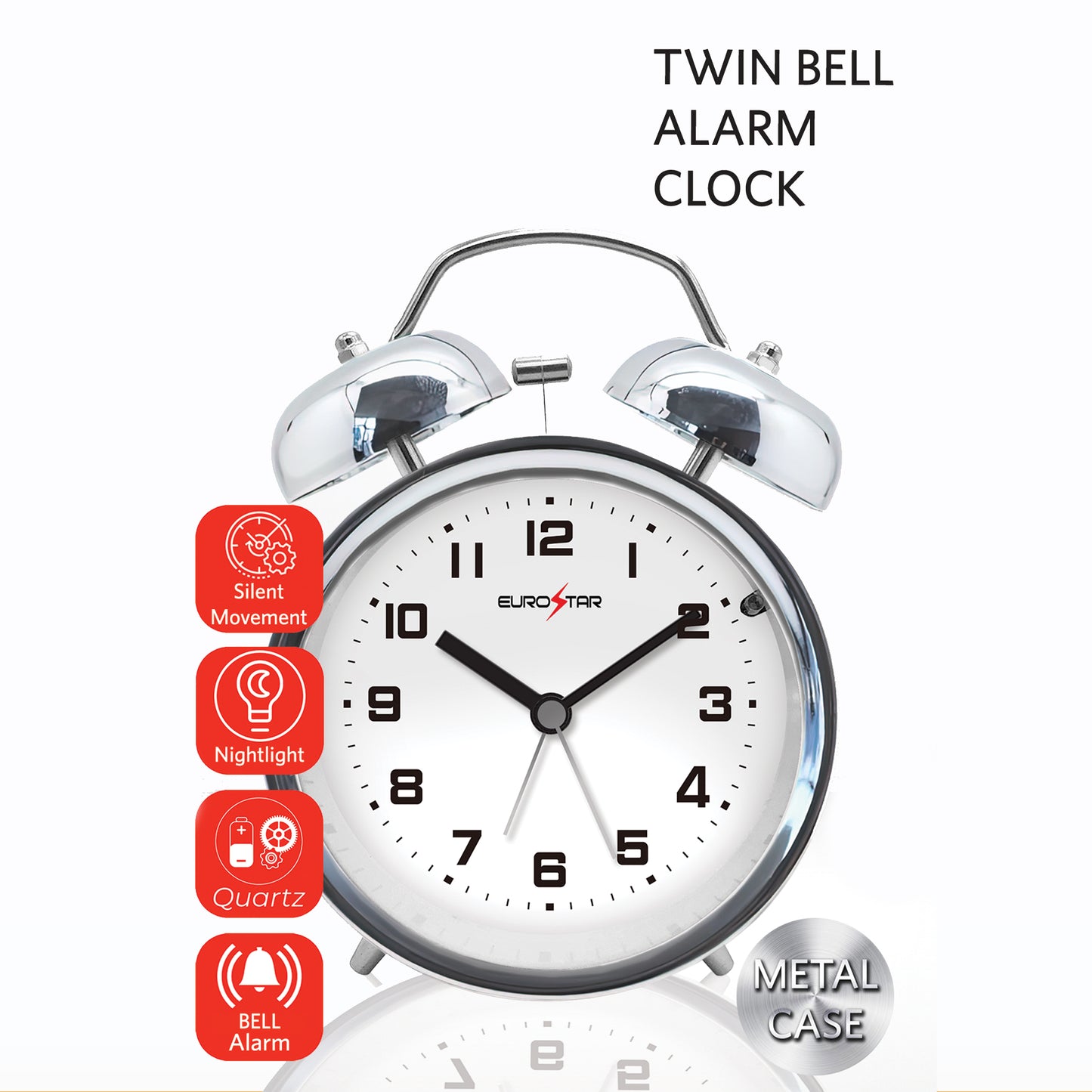 C522L Twin Bell Alarm Clock with Nightlight, Silver