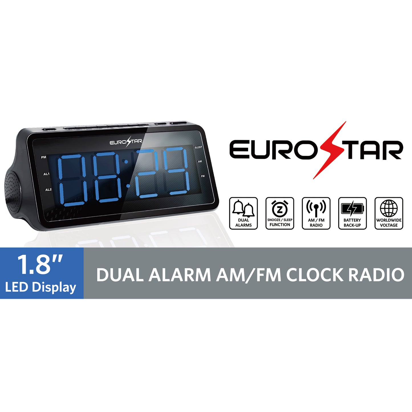 CR9018 Dual Alarm AM/FM Clock Radio, Black