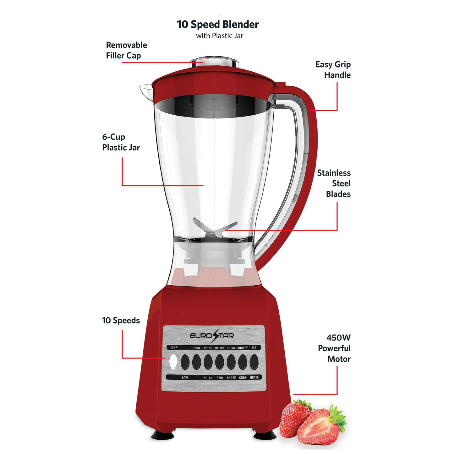 EBL820RD 450W 10-Speed Plastic Jar Blender, Red