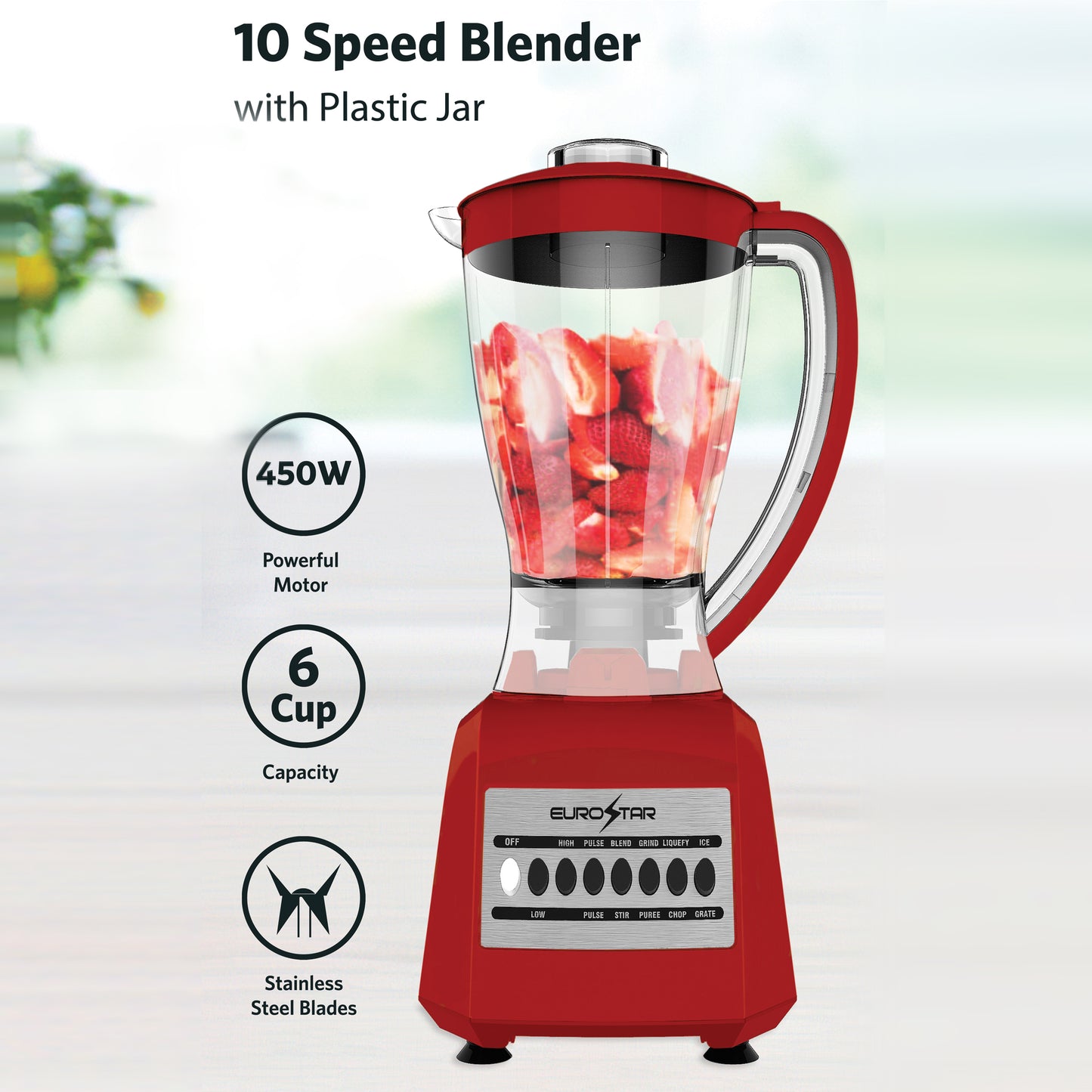 EBL820RD 450W 10-Speed Plastic Jar Blender, Red
