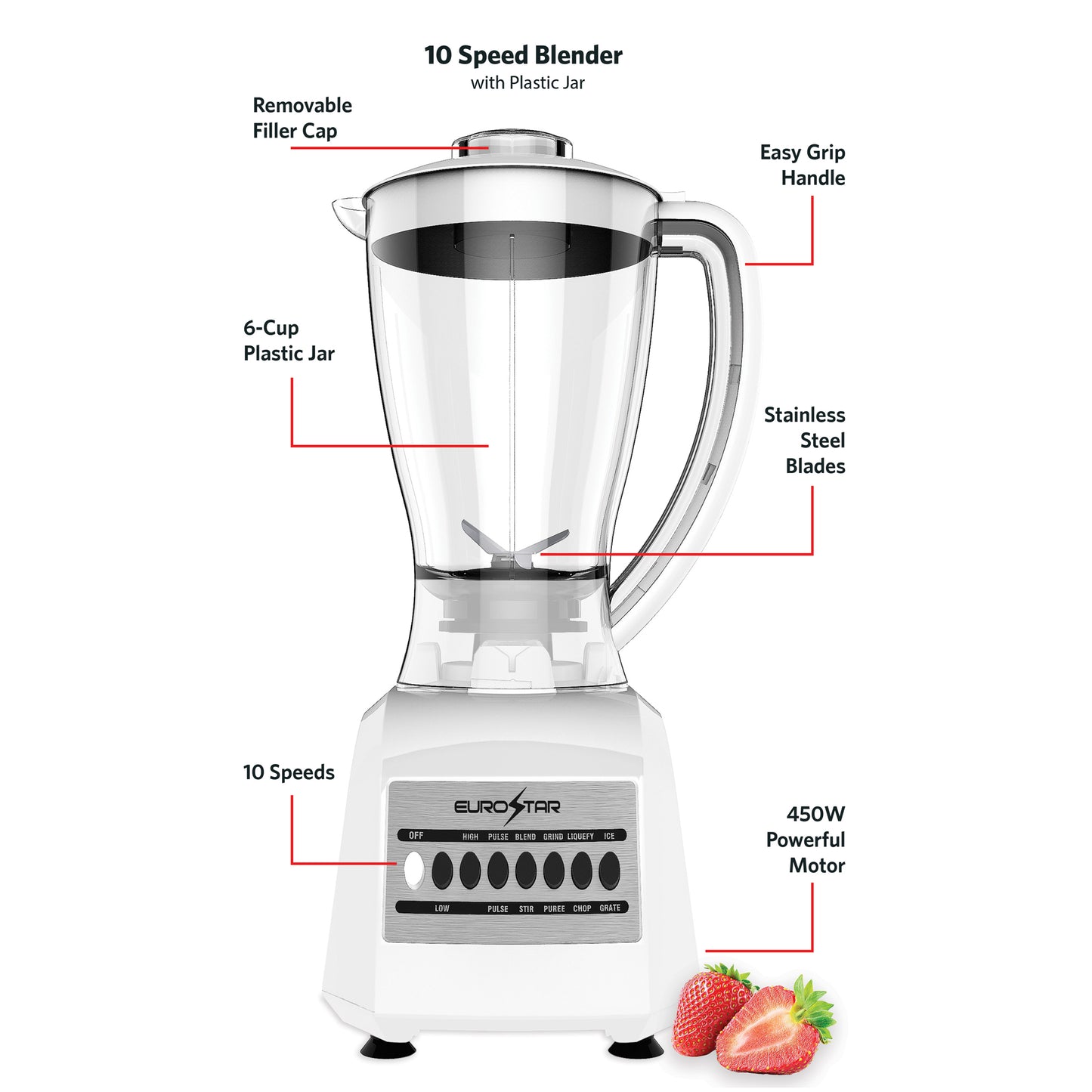 EBL820WH 450W 10-Speed Plastic Jar Blender, White