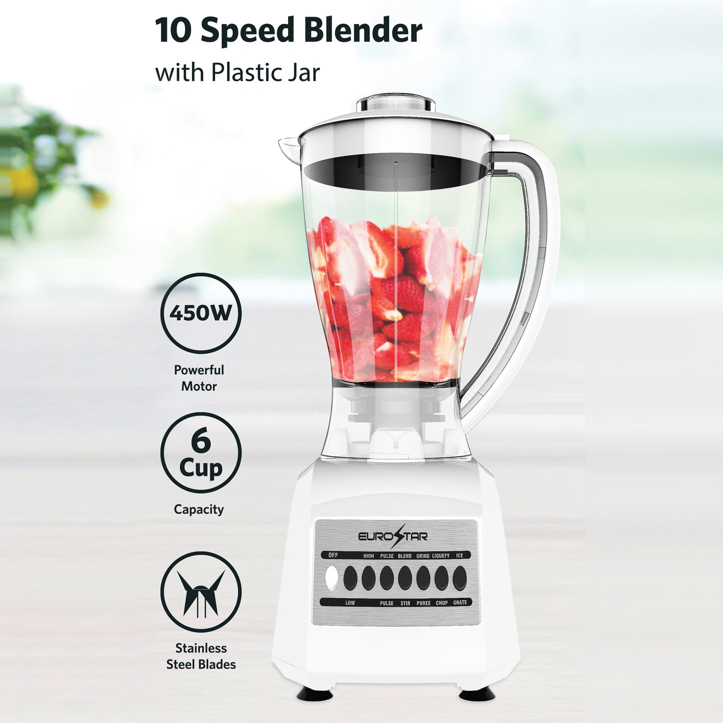 EBL820WH 450W 10-Speed Plastic Jar Blender, White