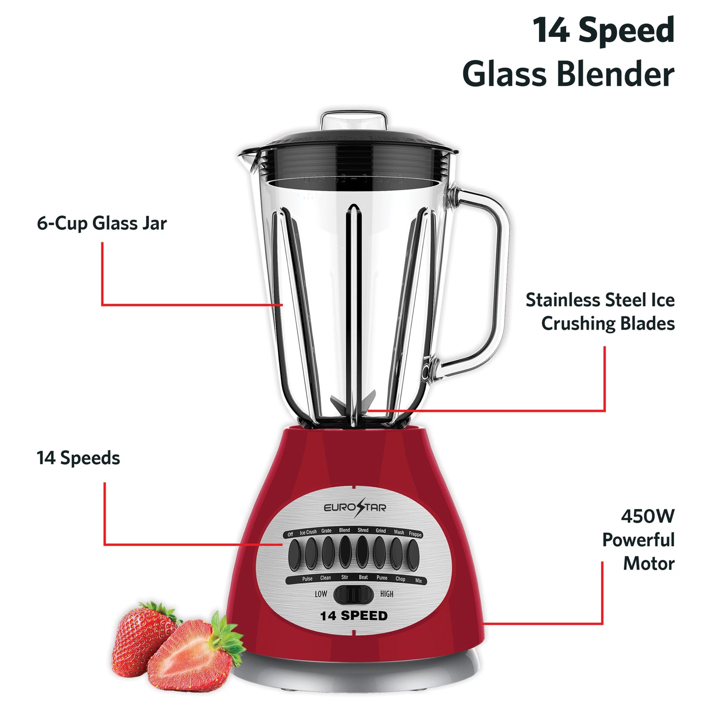 EBL921GRD 450W 14-Speed Glass Jar Blender, Red