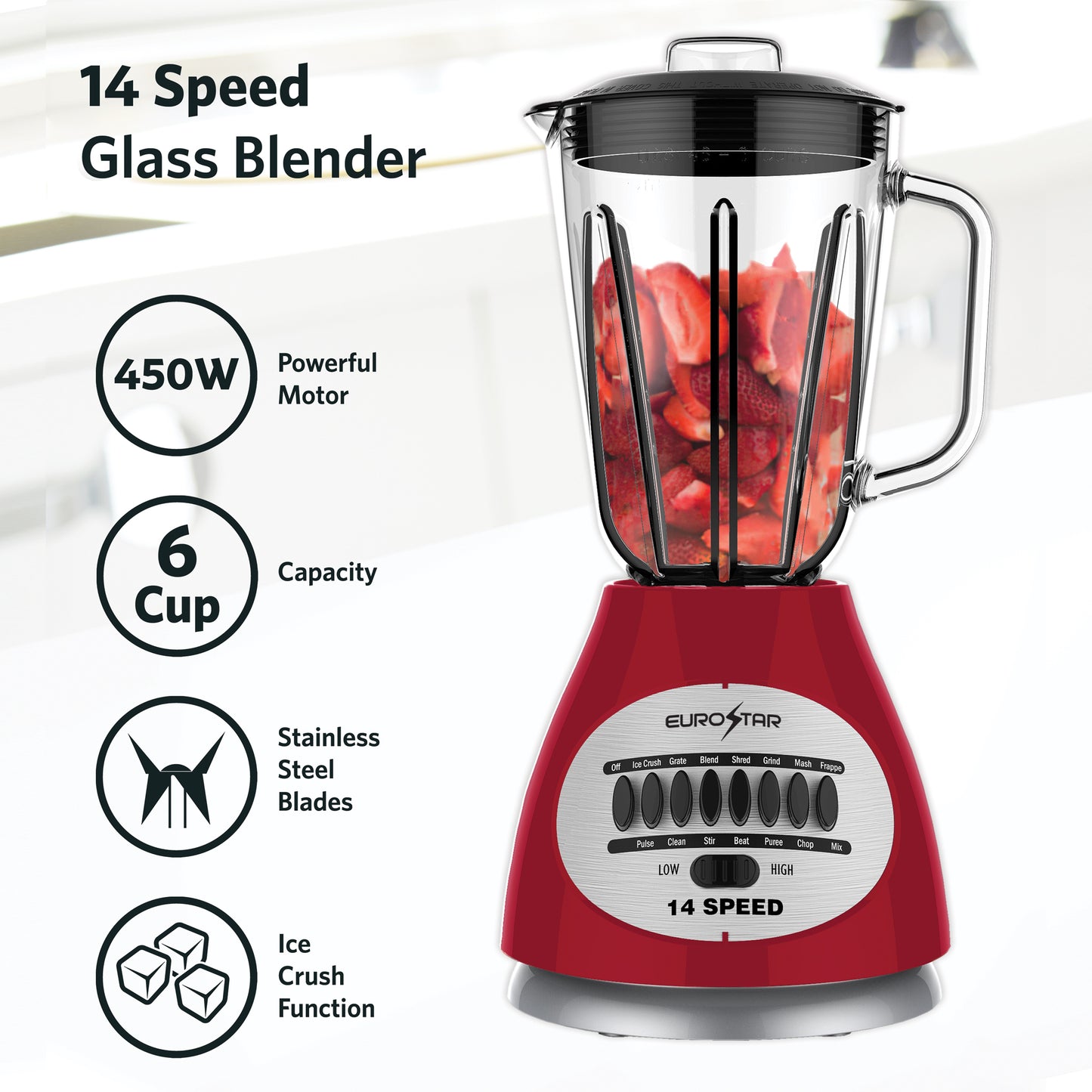 EBL921GRD 450W 14-Speed Glass Jar Blender, Red
