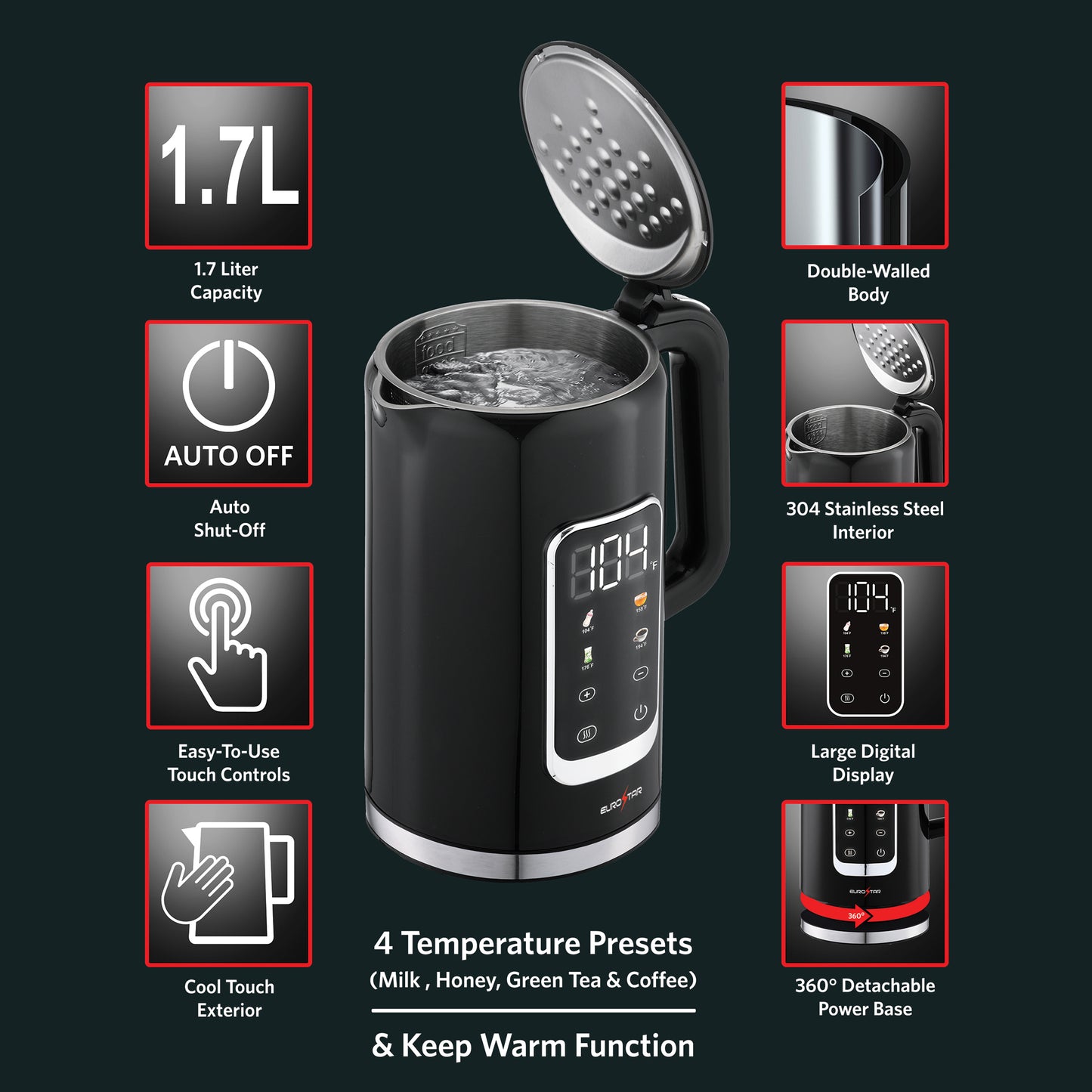 EDK1770BK 1.7L Digital Electric Kettle, Black