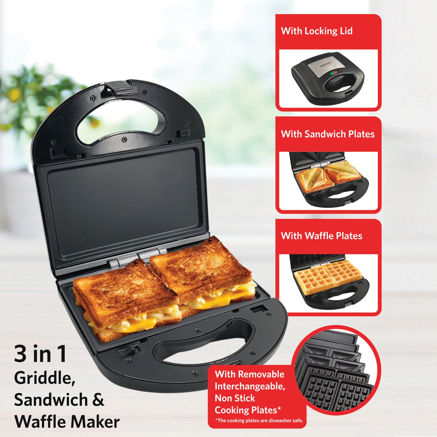 ES936BX 3-In-1 Griddle, Sandwich & Waffle Maker, Black