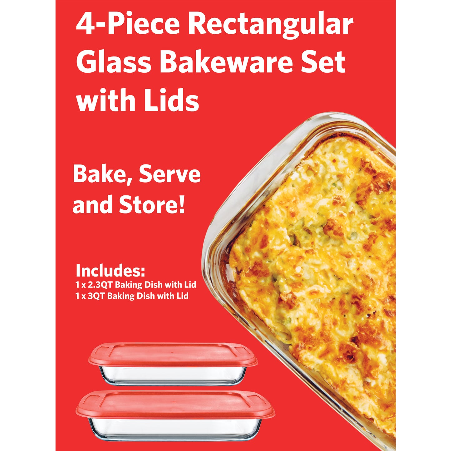GB233RD 4 Piece Rectangular Glass Bakeware Set with Lids