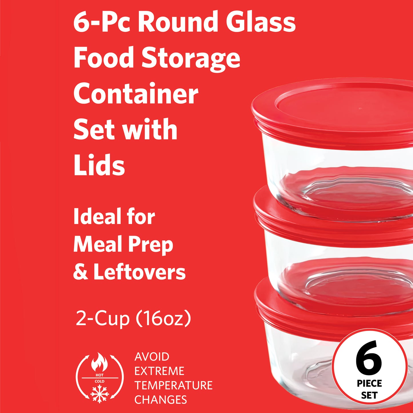 GS2CX3RD 6 Piece 2-Cup Round Storage Set with Red Lids