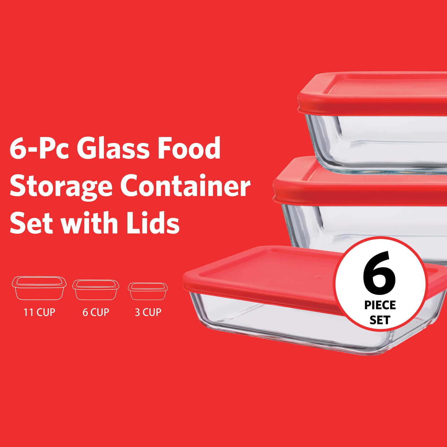 GS3611RCTR 6 Piece Glass Food Storage Container Set with Lids