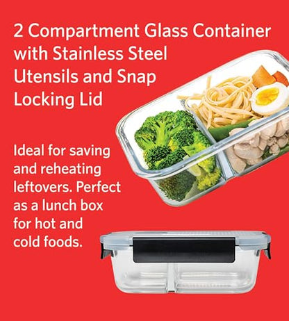 2 Compartment Glass Container with Snap Locking Lid