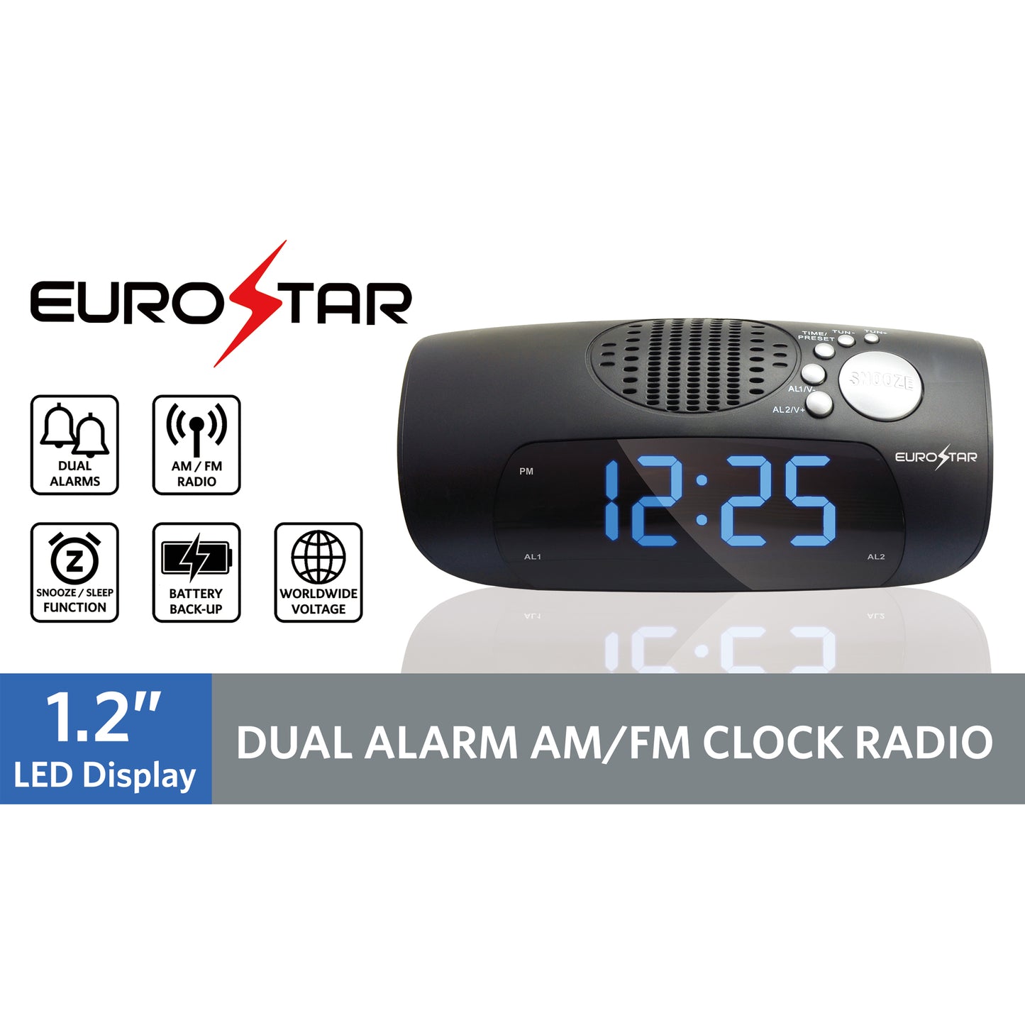 CR9012 Dual Alarm AM/FM Clock Radio, Black