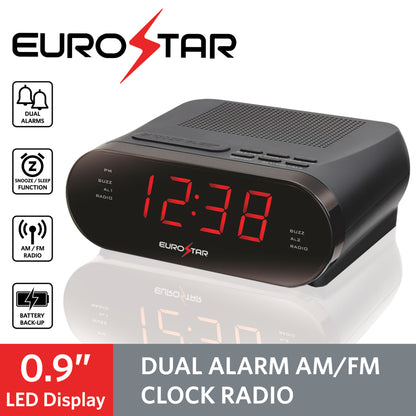 CR909 Dual Alarm AM/FM Clock Radio, Black