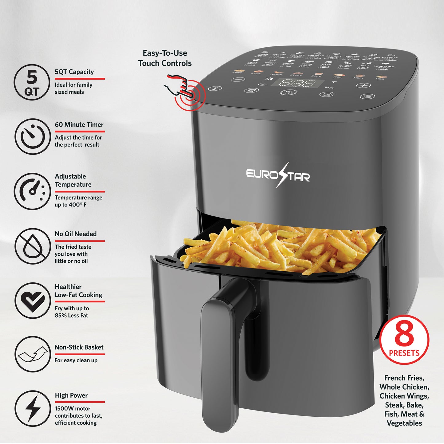EAF480B 5 Quart Digital Air Fryer, Black