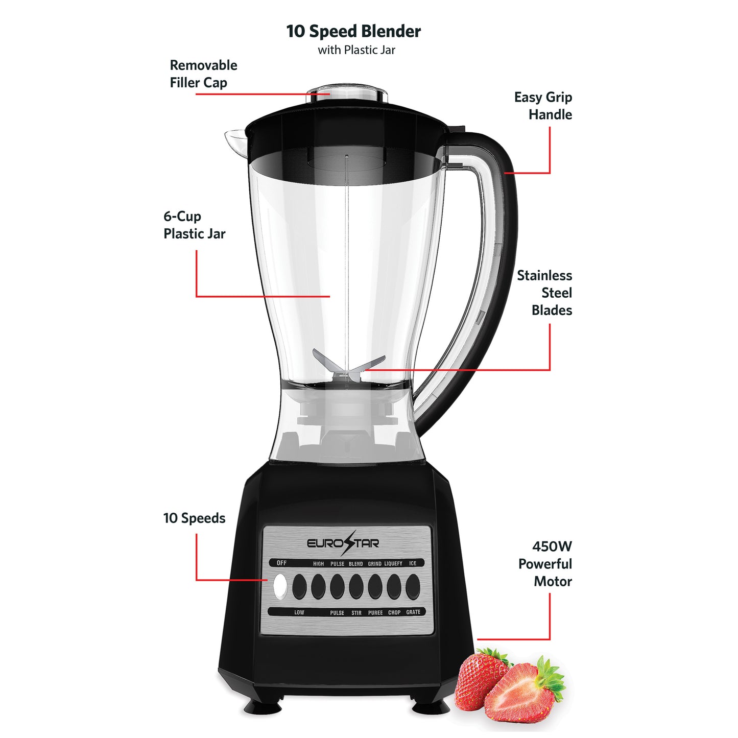 EBL820BK 450W 10-Speed Plastic Jar Blender, Black