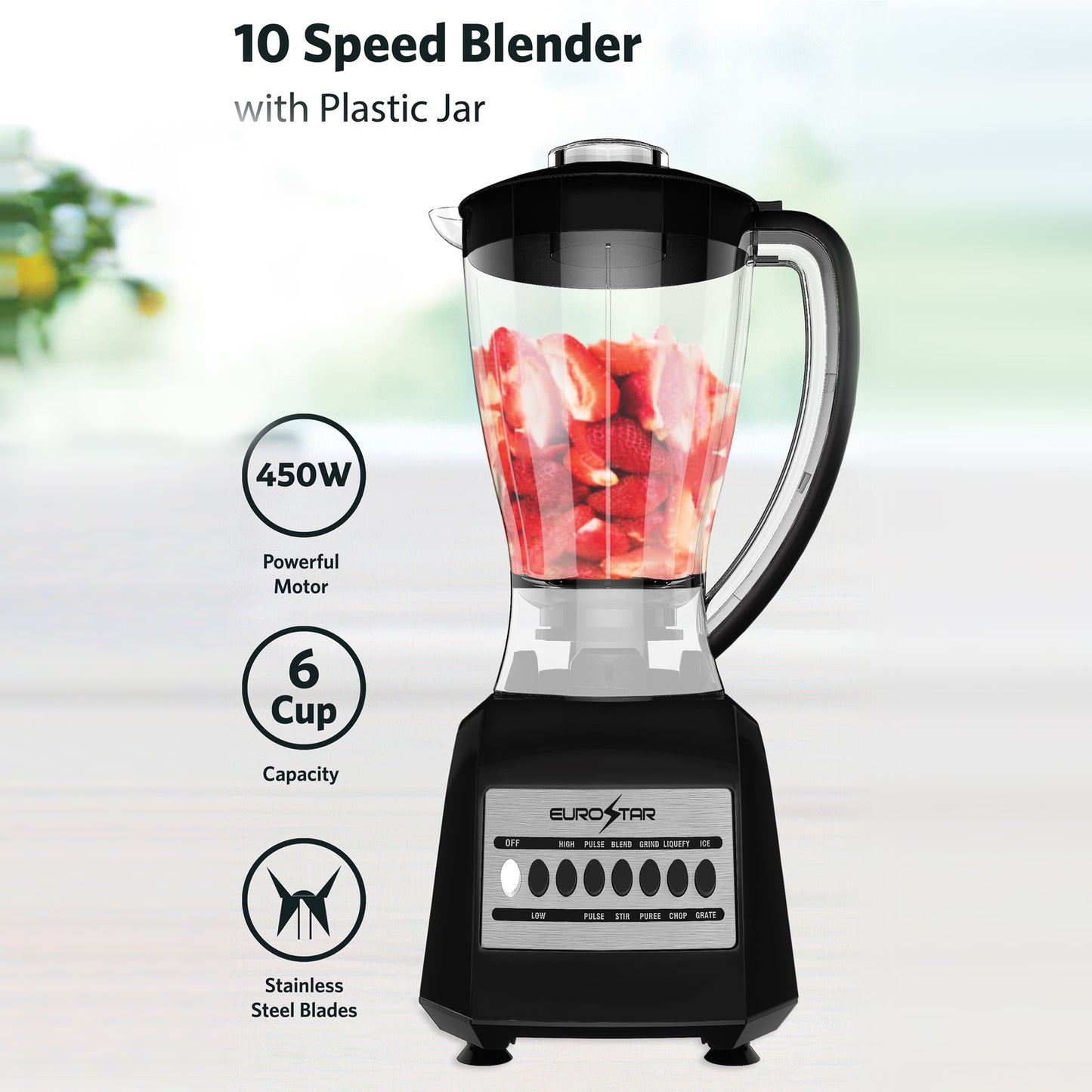 EBL820BK 450W 10-Speed Plastic Jar Blender, Black