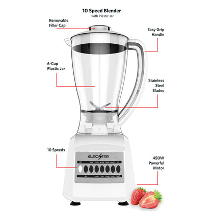 EBL820WH 450W 10-Speed Plastic Jar Blender, White