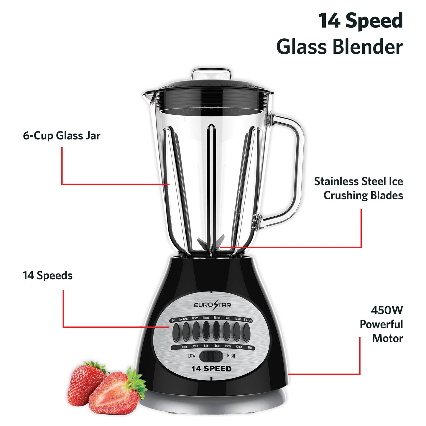 EBL920GBK 450W 14-Speed Glass Jar Blender, Black