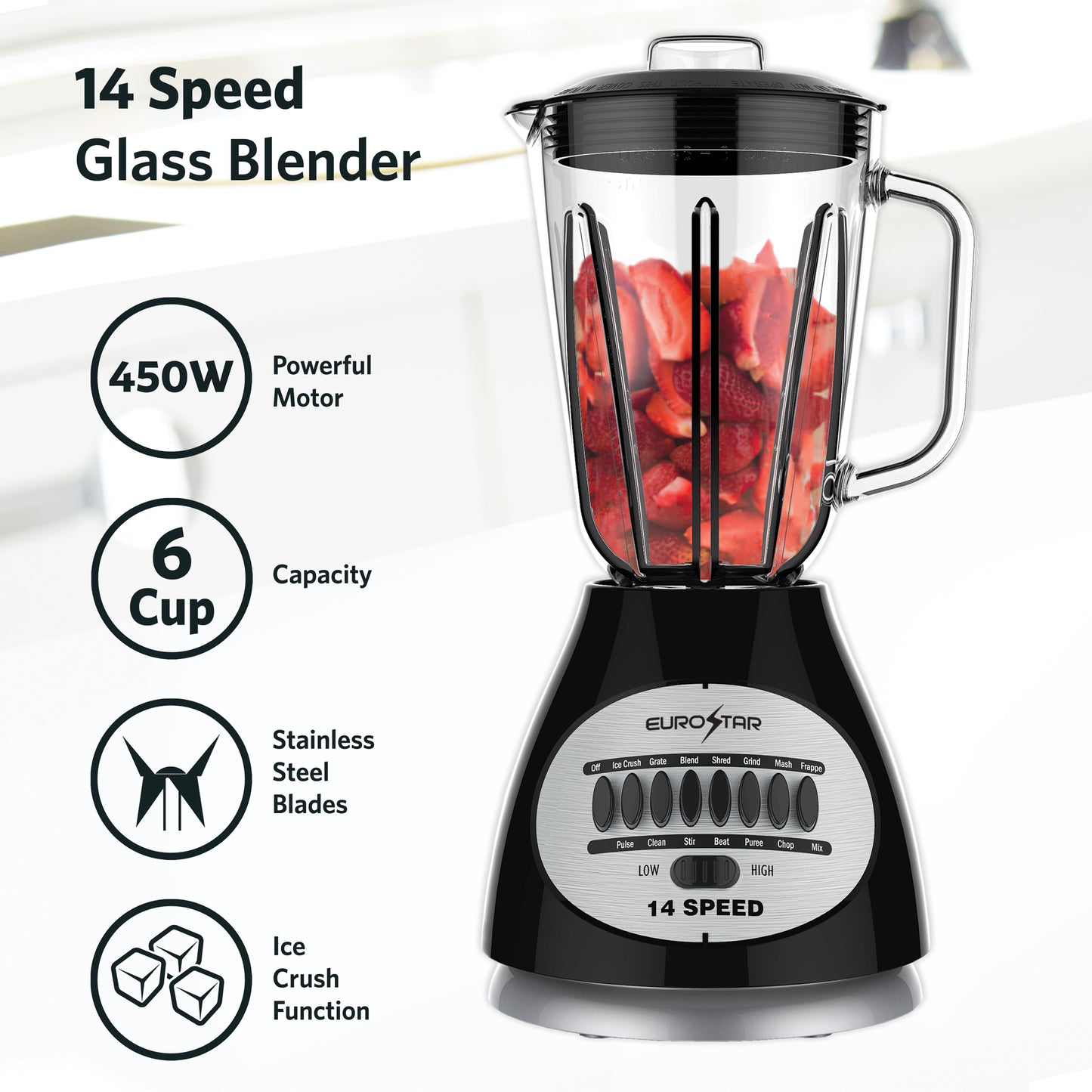EBL920GBK 450W 14-Speed Glass Jar Blender, Black