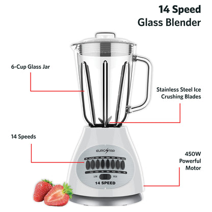 EBL922GWH 450W 14-Speed Glass Jar Blender, White
