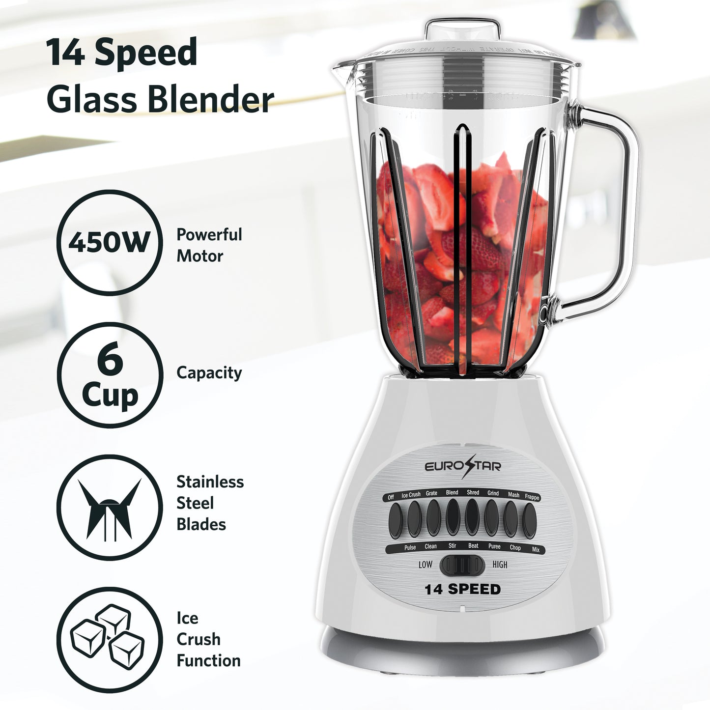 EBL922GWH 450W 14-Speed Glass Jar Blender, White