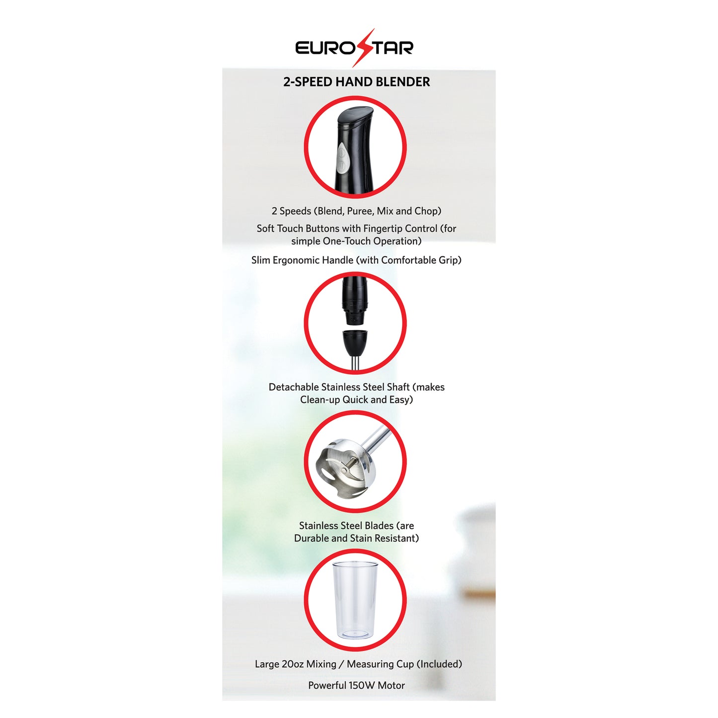 EH440B 2-Speed Hand Blender with Stainless Steel Detachable Shaft, Black
