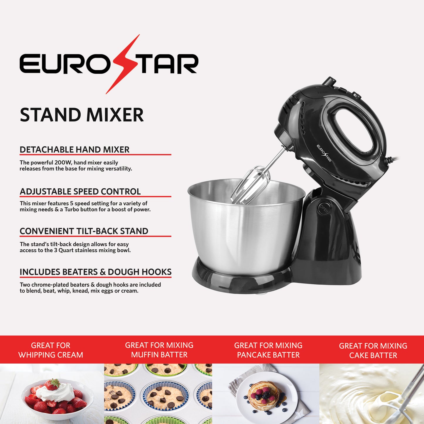 ESM900BC 200W 3 Quart 5-Speed Stand/Hand Mixer, Black