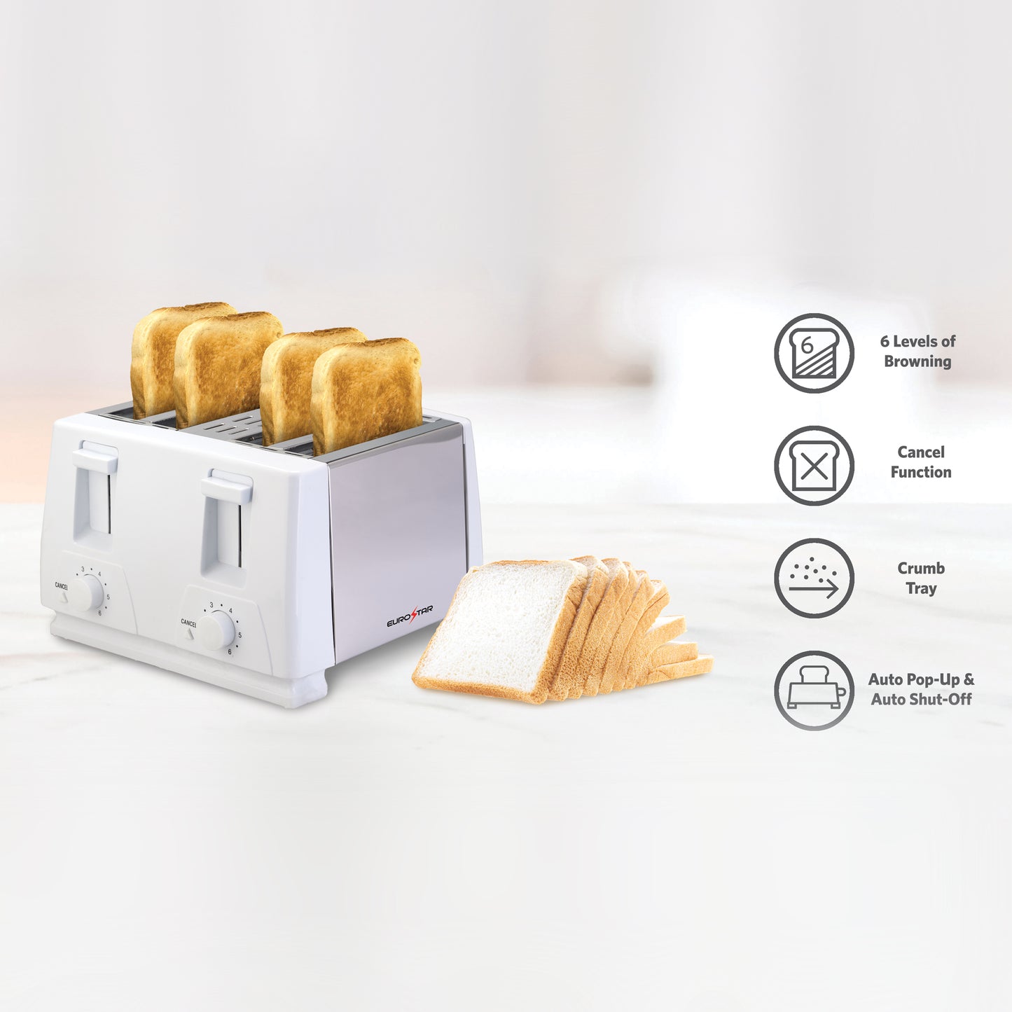 ET742W 4-Slice Stainless Steel Toaster, White