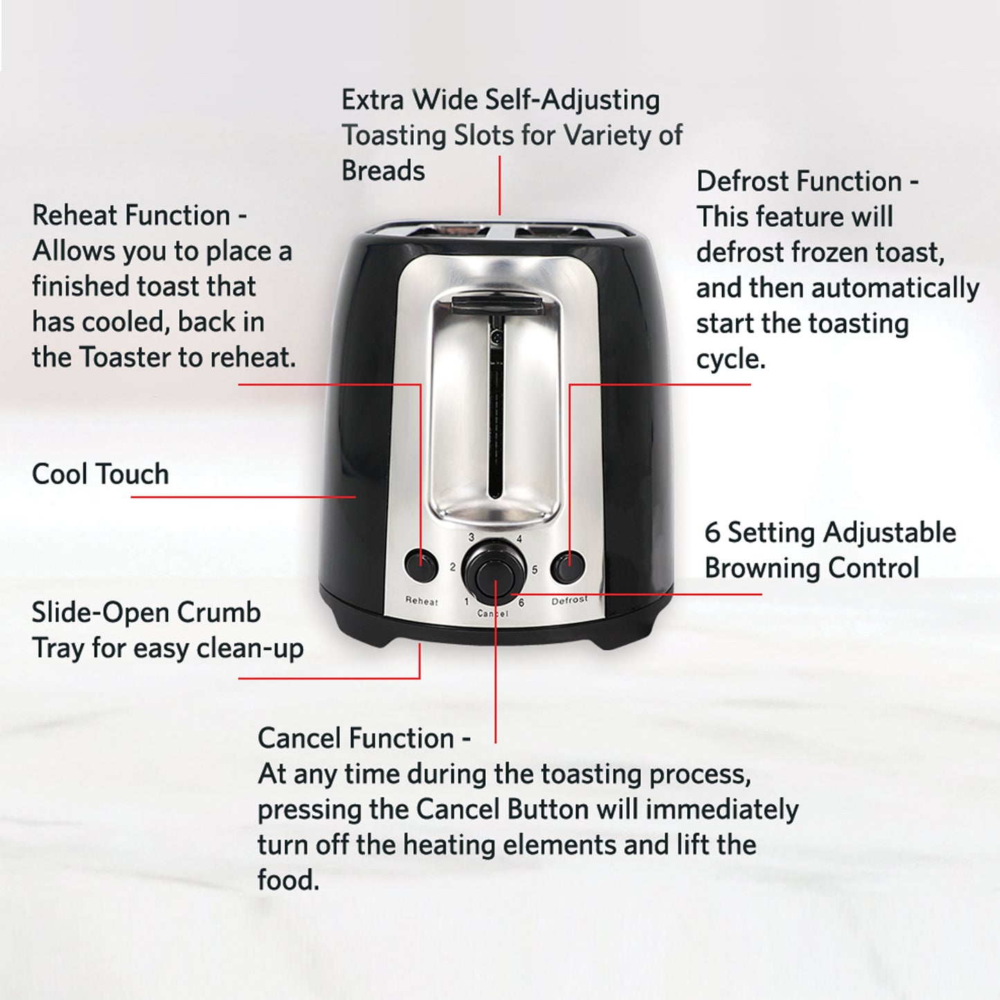 ET750B 2-Slice Cool Touch Wide-Slot Toaster, Black