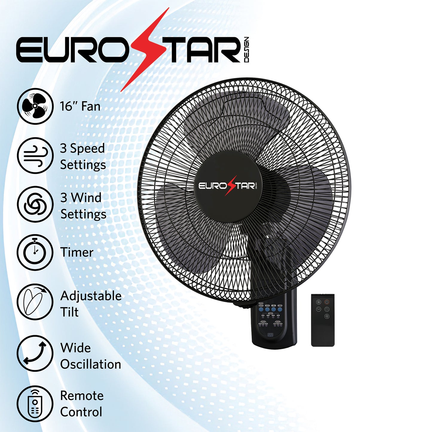 FWF16B 16" Wall Fan with Remote, Black