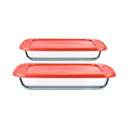 GB233RD 4 Piece Rectangular Glass Bakeware Set with Lids