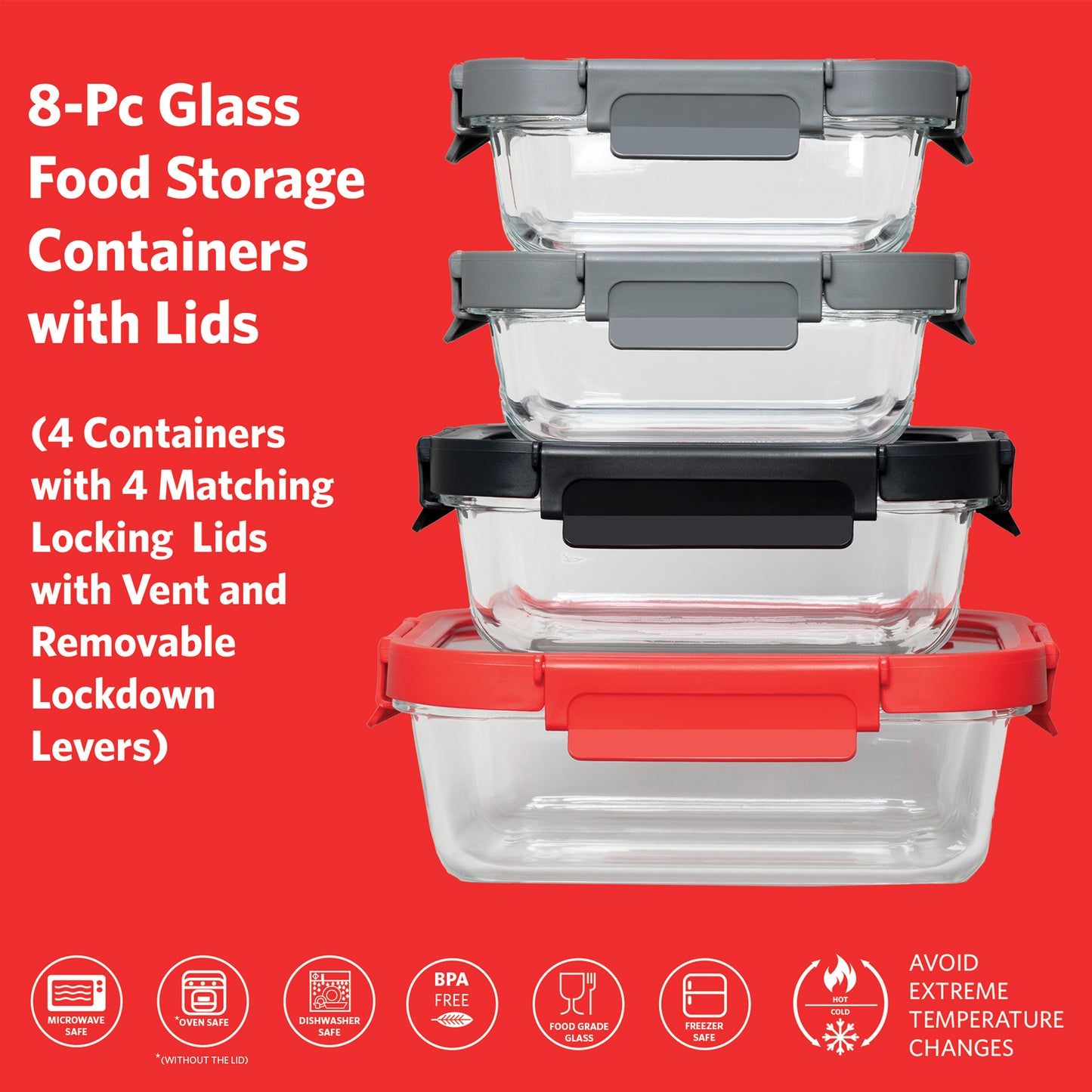 GS8PK 8 Piece Glass Food Storage Container Set with Lids