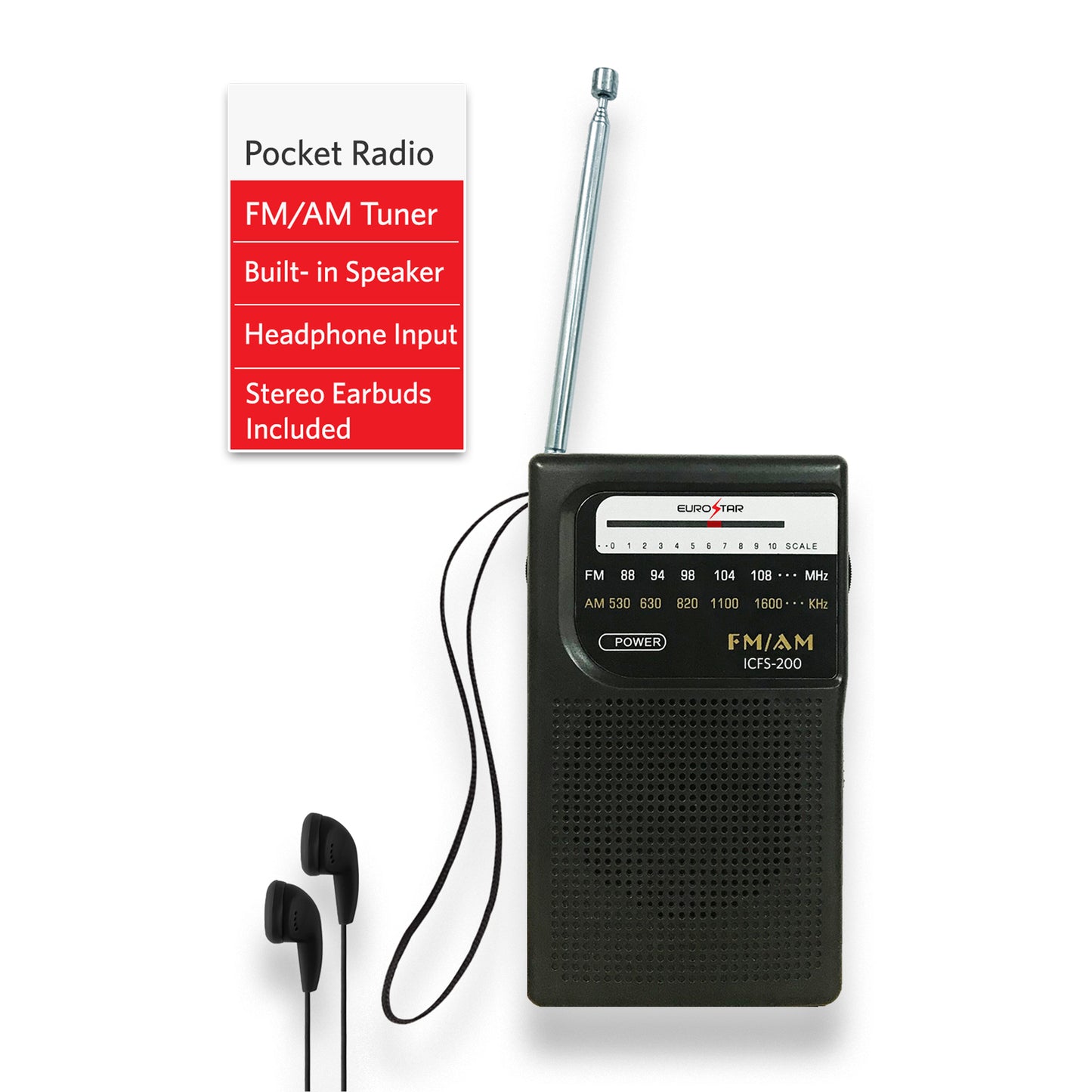 ICFS-200 Portable AM/FM Radio with Speaker (Stereo Earbuds Included), Black