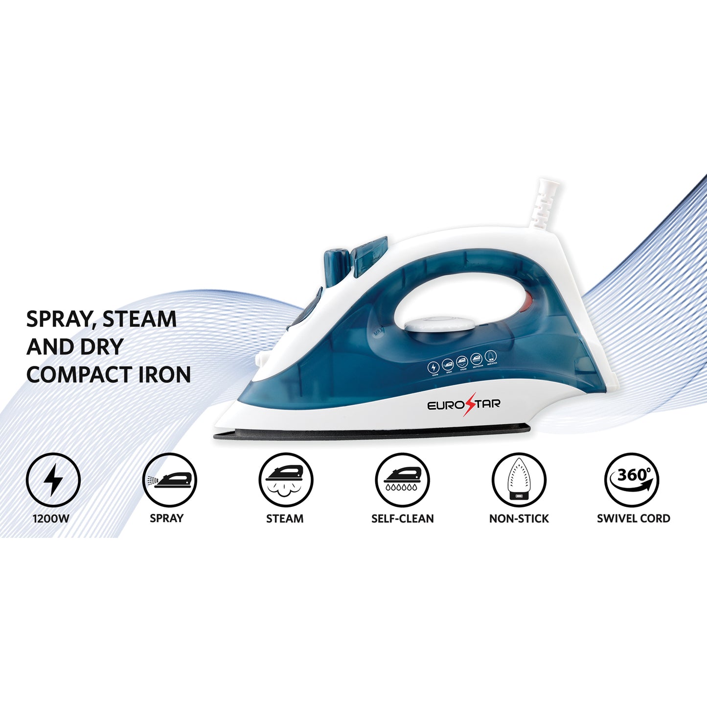IR222W 1200W Spray, Steam and Dry Compact Iron with Non-Stick Soleplate