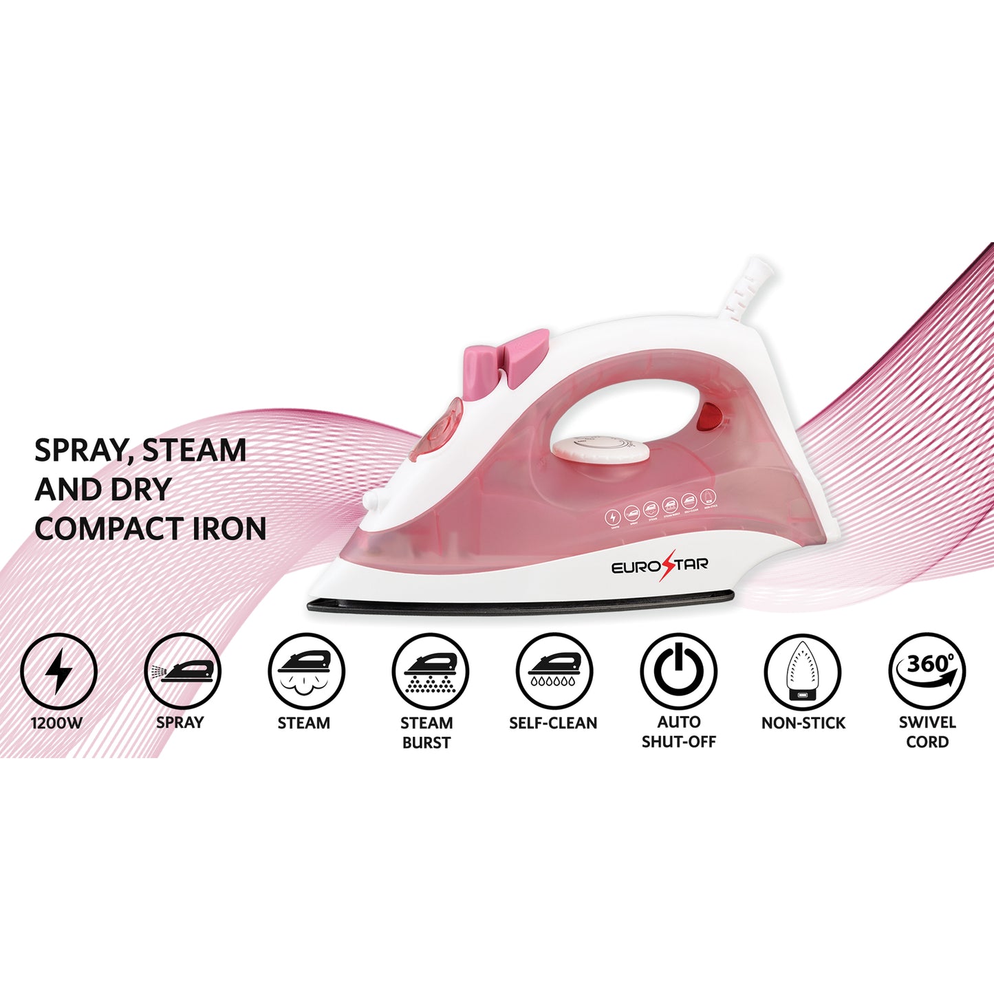 IR334XP Compact Steam Iron w/Steam Burst & Auto-Shut-Off, Pink