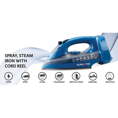 IRC455BL Spray and Steam Iron with Retractable Cord Reel, Blue