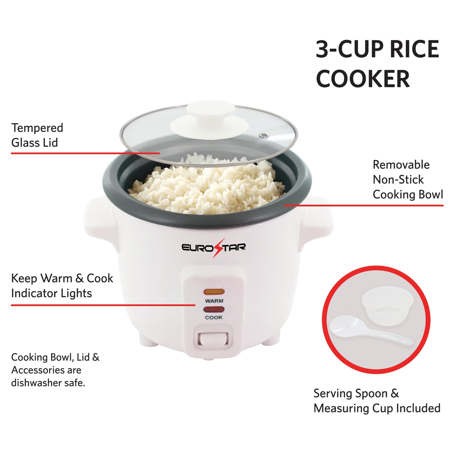 RC603 3-Cup Rice Cooker, White