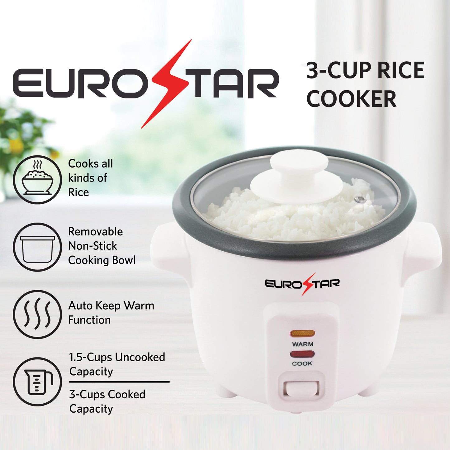 RC603 3-Cup Rice Cooker, White